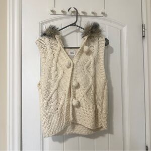 BDG cream knitted vest with fur trim and pom